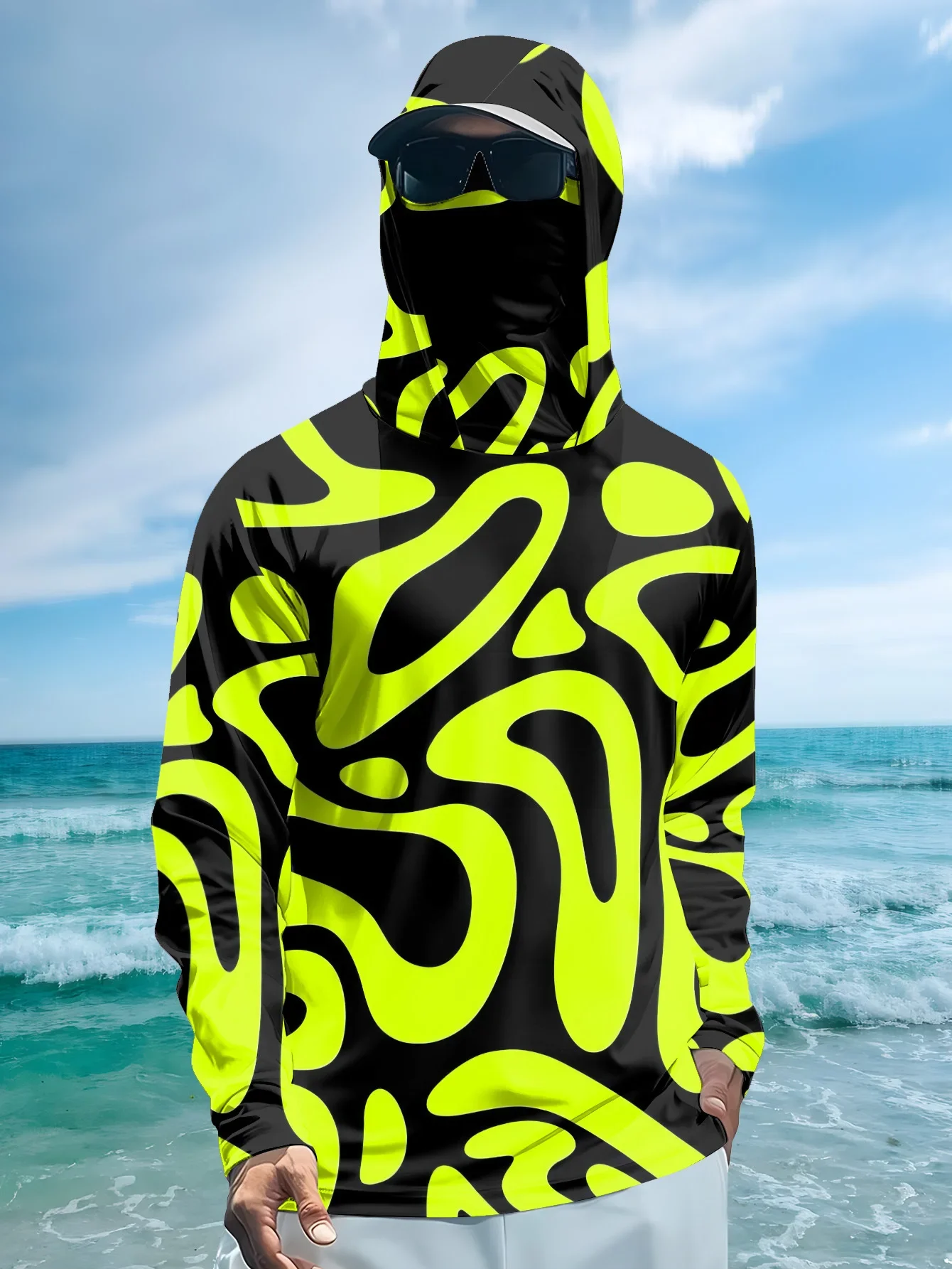 Men's Neon Green Abstract Print Hooded Fishing Shirt with Face Mask UV Protection Long Sleeves Quick Dry Outdoor Tops for Men