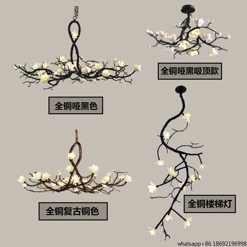 New Chinese-style living room full copper branches flower chandelier, quiet wind retro tea room light luxury