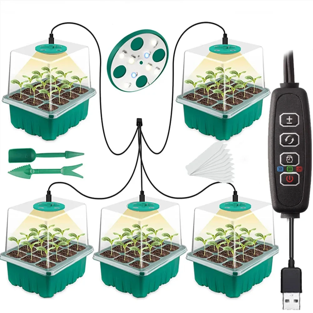 Nursery Pots with Grow Light Portable Plant Seed Starter Trays Greenhouses Gardens Balconies Growing Equipment with 12 Hole Kit