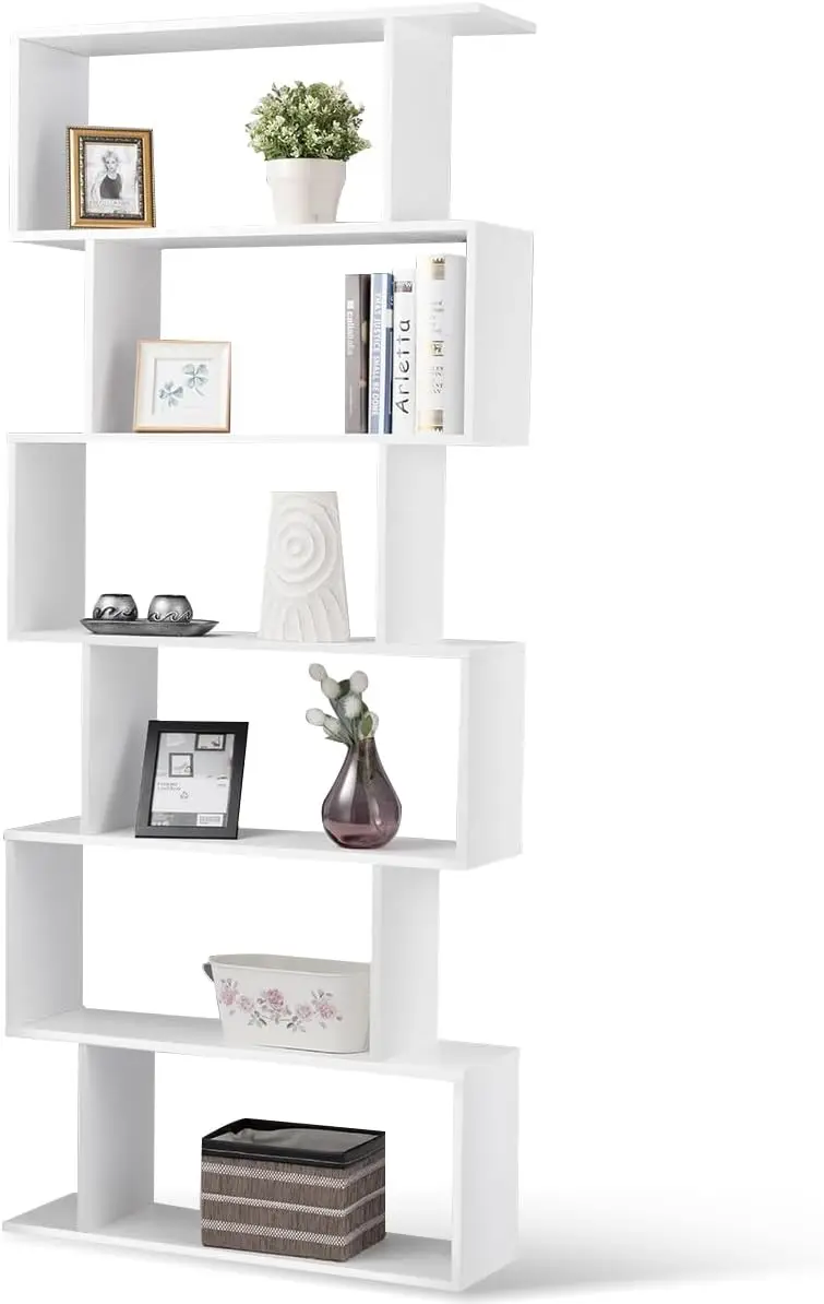 6-Tier Geometric Bookcase, Modern S-Shaped Storage Display Bookshelf for Living Room, Anti-Toppling Device, Customized