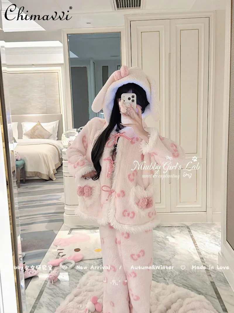 

Sweet Bowknot Bunny Ear Hooded Coral Fleece Thickened Pajamas Three-Piece Set Winter New Kawaii Girl Women's Pajamas Sets