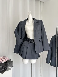 Fall Winter Women Y2k Old Money Korean Office Lady Shoujo Outfits 2 Piece Set Oversize Blazer Jacket + Gyaru Mini Pleated Skirts