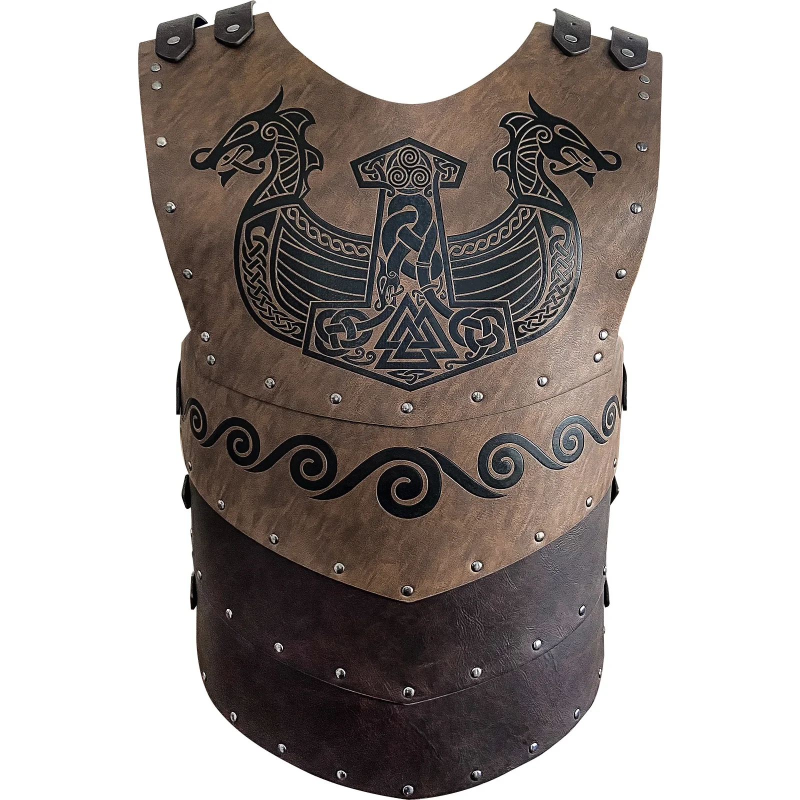 Adjustable Viking Warrior Armor Embossed Viking Costume PU Leather Knight Vest Chest Armor for Cosplay Larp Party Halloween