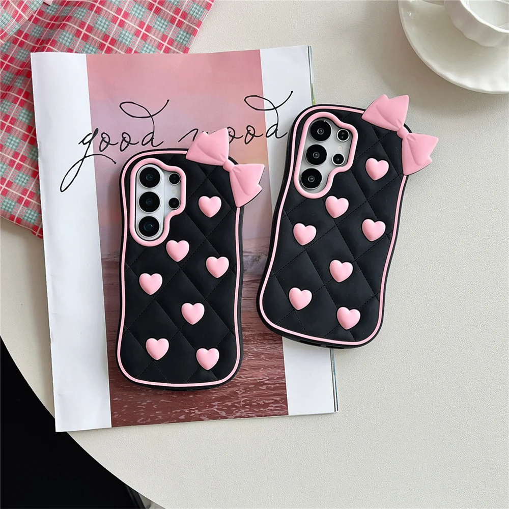 Cute Y2K 3D Heart Bow Phone Case for S26 Ultra Rhombus Quilted Texture Silicone Protective Cover for Samsung Galaxy S25 S24 A56