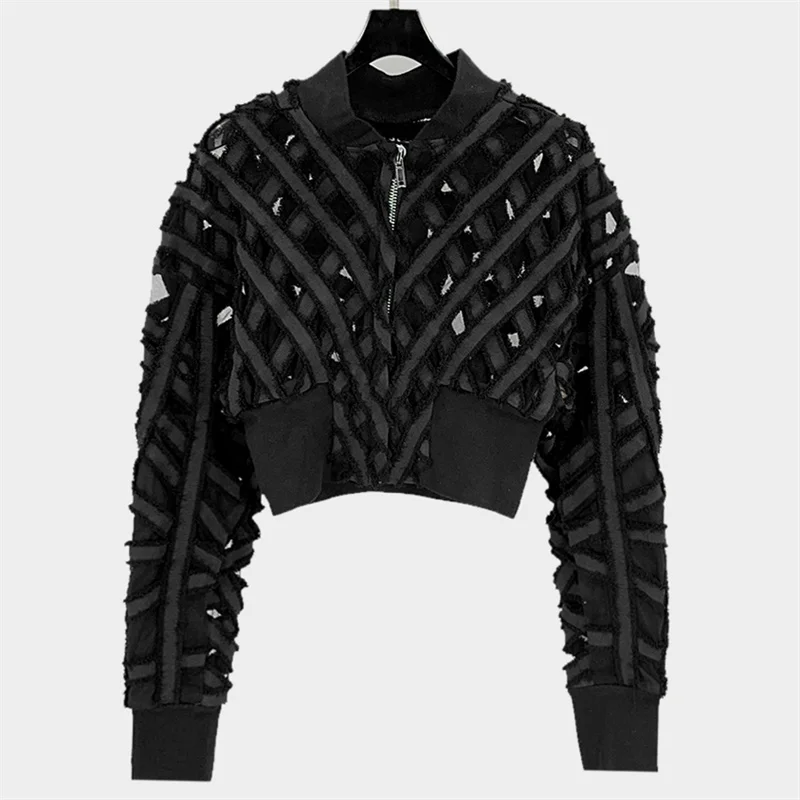 Women's jacket New Irregular Knitted Women's Long Sleeve Top for Spring 2025 Baseball collar slim fit hollowed out pilot jacket