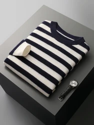 CHICUU Autumn Winter Men's O-neck Striped Wool Pullover Basic Casual Long Sleeve Cashmere Sweater 100% Merino Wool Knitwear Tops