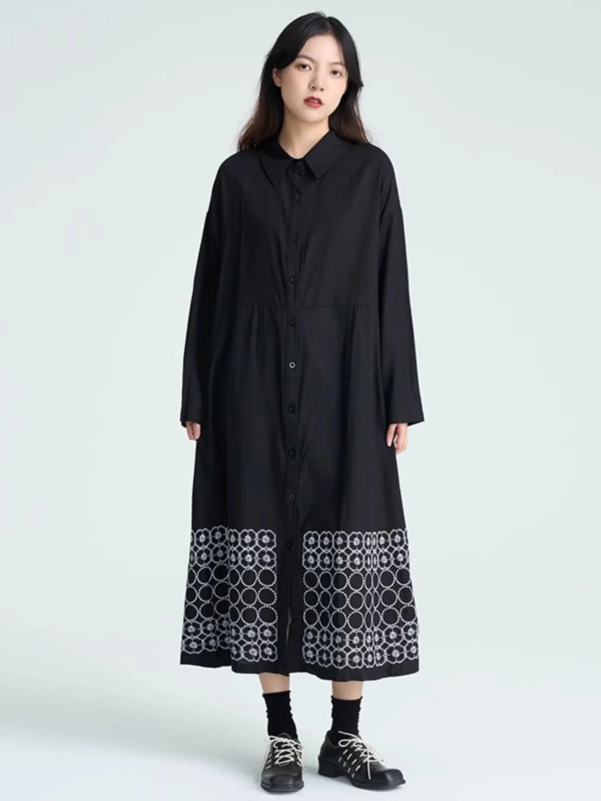 

Свободное платье-рубашка А-силуэта с длинным рукавом, осенне-зимний стиль, с пуговицами, прямого кроя, повседневное, корейская версия, 100% хлопок