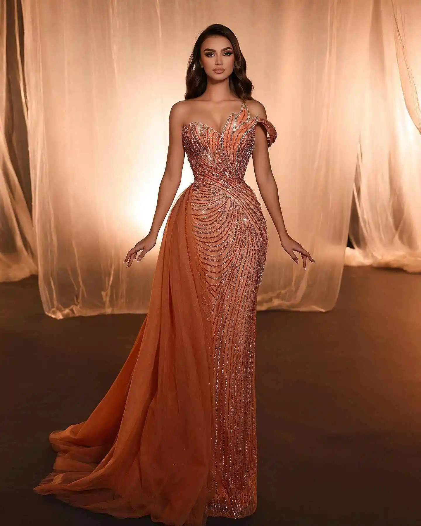 Sparkly Evening Dresses Mermaid Sequins Line Bead Tulle Detachable Gown Backless Designer Prom Dress Vestido De Noite Customized