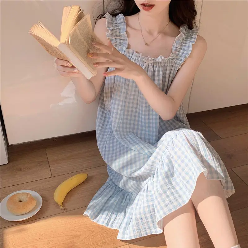 Summer Pajamas Women Lattice Suspender Nightgown Thin Japanese Pastoral Style Girl Home Wears Sleeveless Pure Lust Night Dress