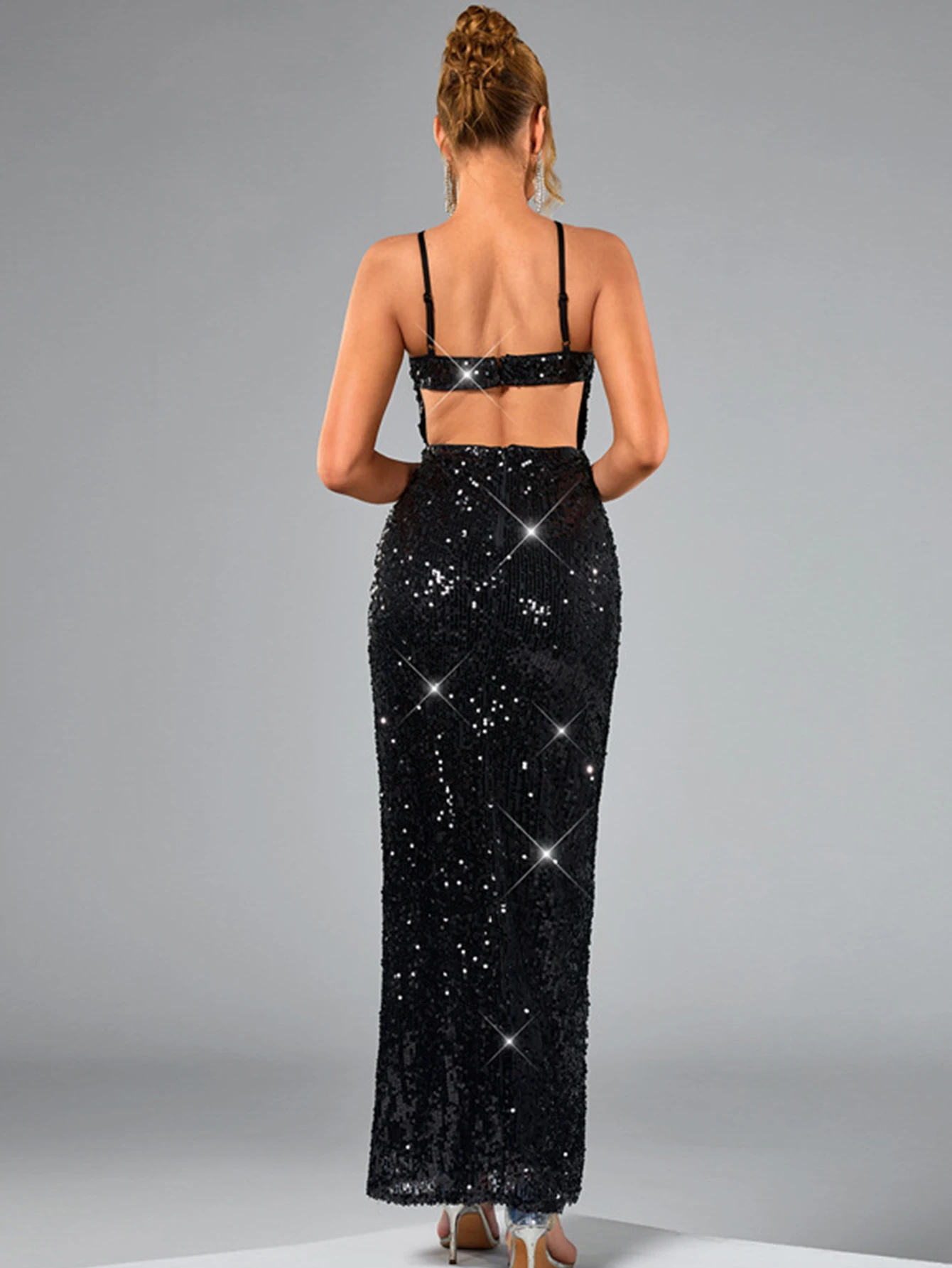 Sexy rückenfreies schwarzes Pailletten-Sommerkleid für Damen, elegante Abendparty, lange Kleider, 2025, Maxi, figurbetontes Geburtstagskleid, Vestidos