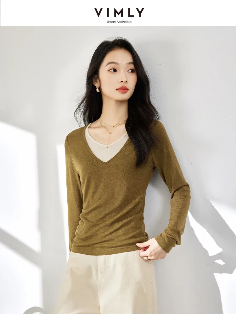 

VIMLY Women's Autumn Simple V-neck Contrast Color T-Shirt New Color Block Long Sleeve Casual Bottoming Pulover Blouse Top M8367