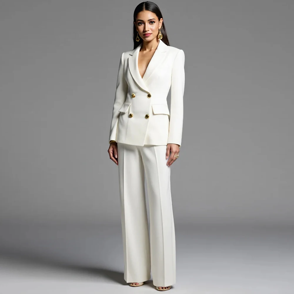 

Женский костюм из двух предметов цвета слоновой кости, элегантный двубортный женский комплект из пиджака и брюк, офисная женская одежда