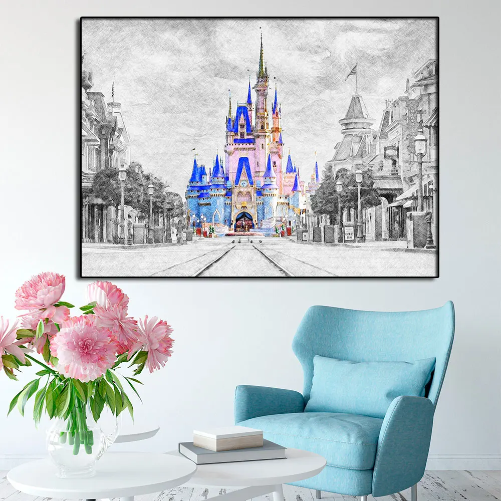 

Walt Disney World Cinderella Castle Sketch Art Prints And Posters Featuring Canvas Painting For Living Room Decor Christmas Gift