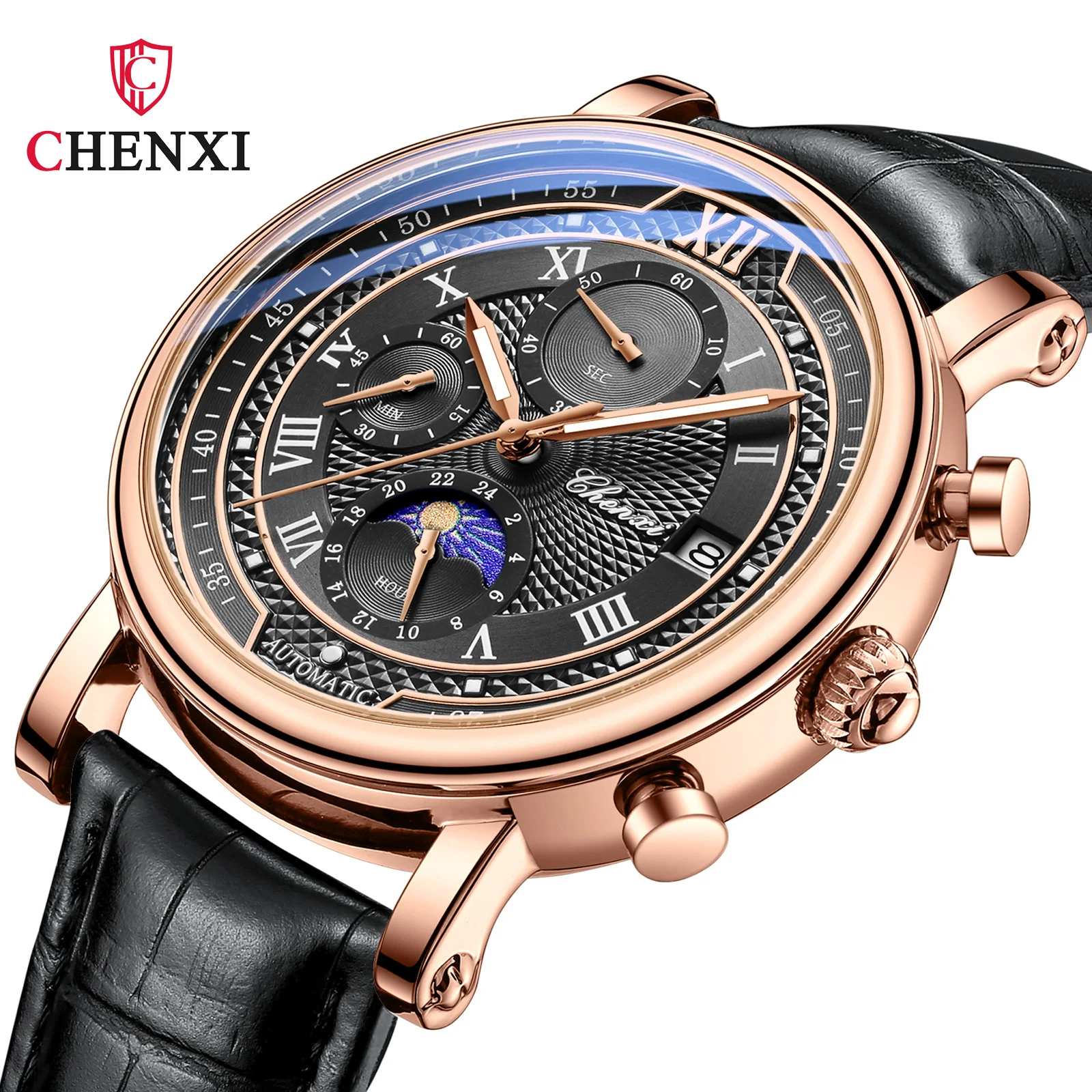 Fashion Chenxi Top Brand 976 Men's Leather Chronograph Date Quartz Watch Phase Moon Timing Business Luminous Wrist Relojes Para