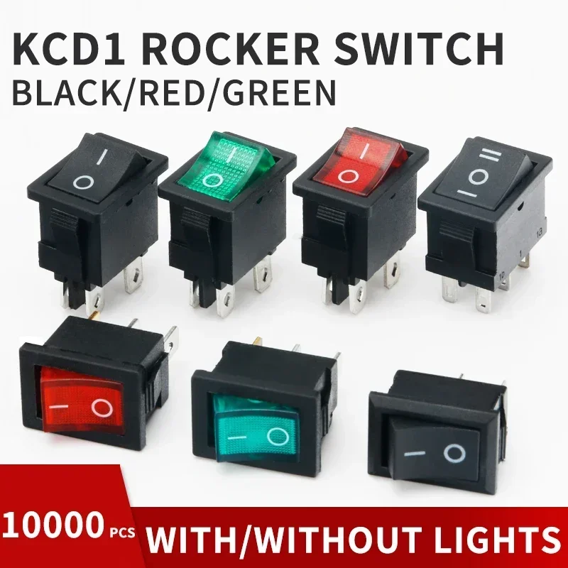 10/100/200/500/10000pcs Black Boat Rocker Switch KCD1 On/Off 2/3/4/6-Pin 2-Position Snap 10A/125V, 6A/250V Red/Green LED Light