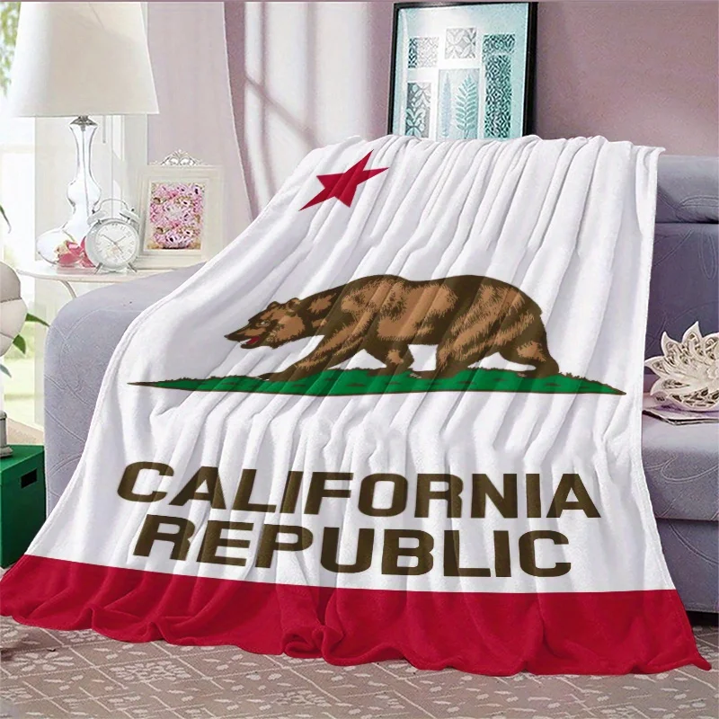 Customize 230GSM Vintage California Flag Design Throw Blanket - Soft Flannel Polyester, Red & White Striped Border with Brown Be