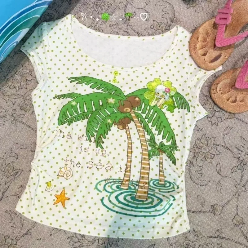 

Summer Dopamine Printed T-shirts American Retro Hottie Short-sleeved Tees Women's Y2k Polka Dot Tops Vintage Slim-fit Clothing
