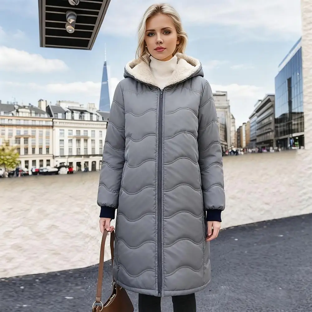 Women's Long Puffer Coat Winter Fleece Lined Thickened Down Jacket Quilted Parka Geometric Wave Hooded Lamb Fleece Cotton coats