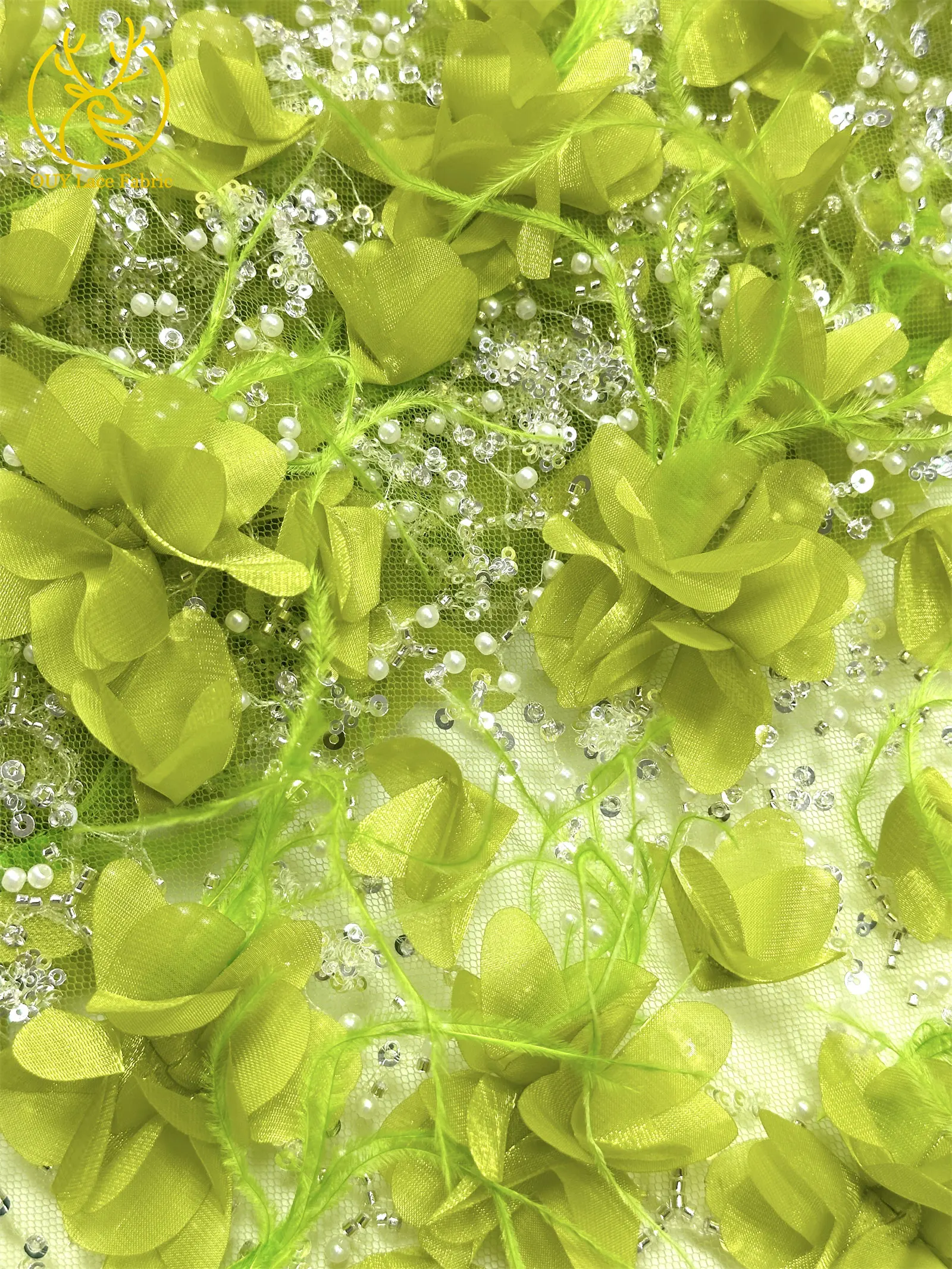 Eleganter handgefertigter 3D-Applikations-Spitzenstoff 2026, hochwertige französische Pailletten-Tüllspitze für Hochzeits- und Partykleider, 5 Yards – Detail 22