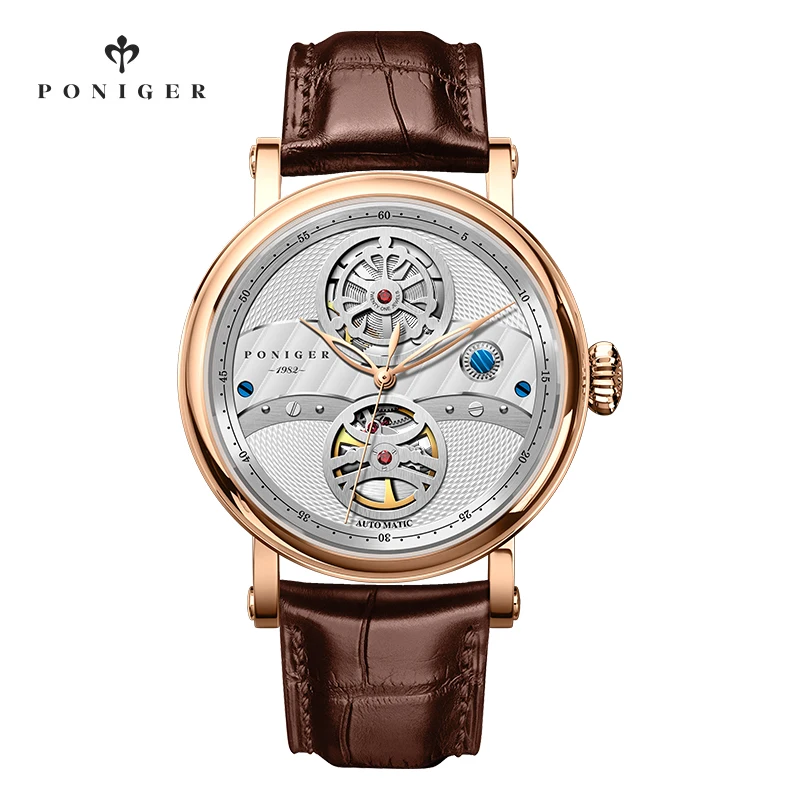 

PONIGER Luxury Skeleton 41mm Men Watch 50M Waterproof Sapphire Crystal Automatic Wristwatches Leather