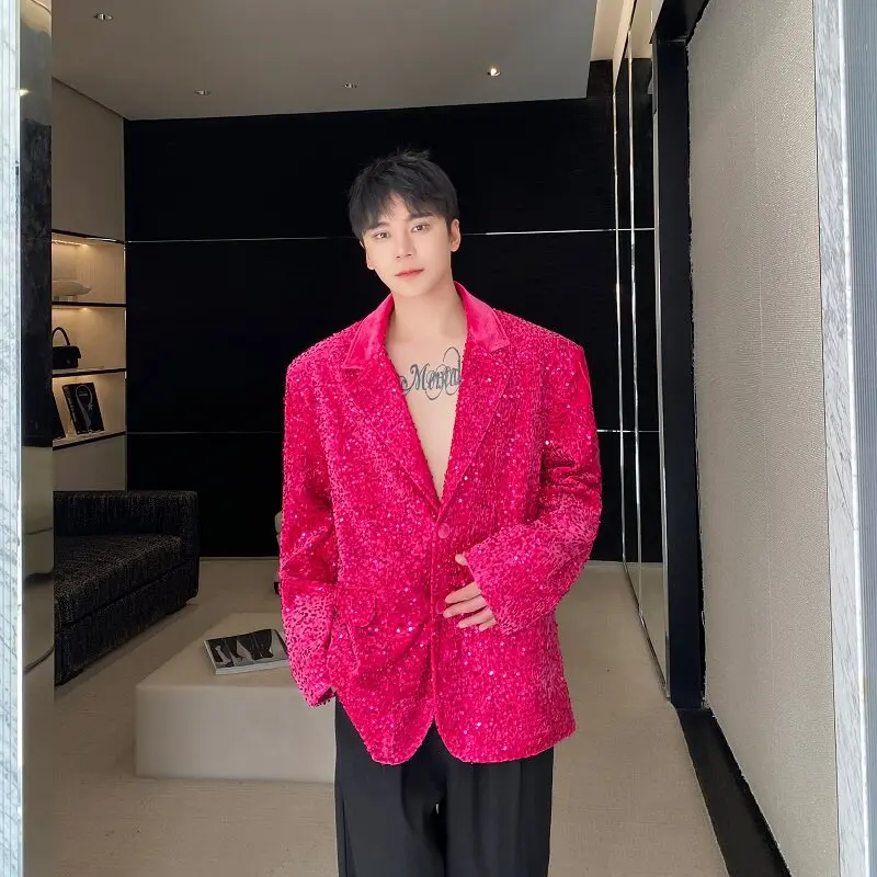 Mens Sequin Padded Shoulders Oversized Stage Performance Suit Jacket Designed for Dance Teams and Live Entertainment