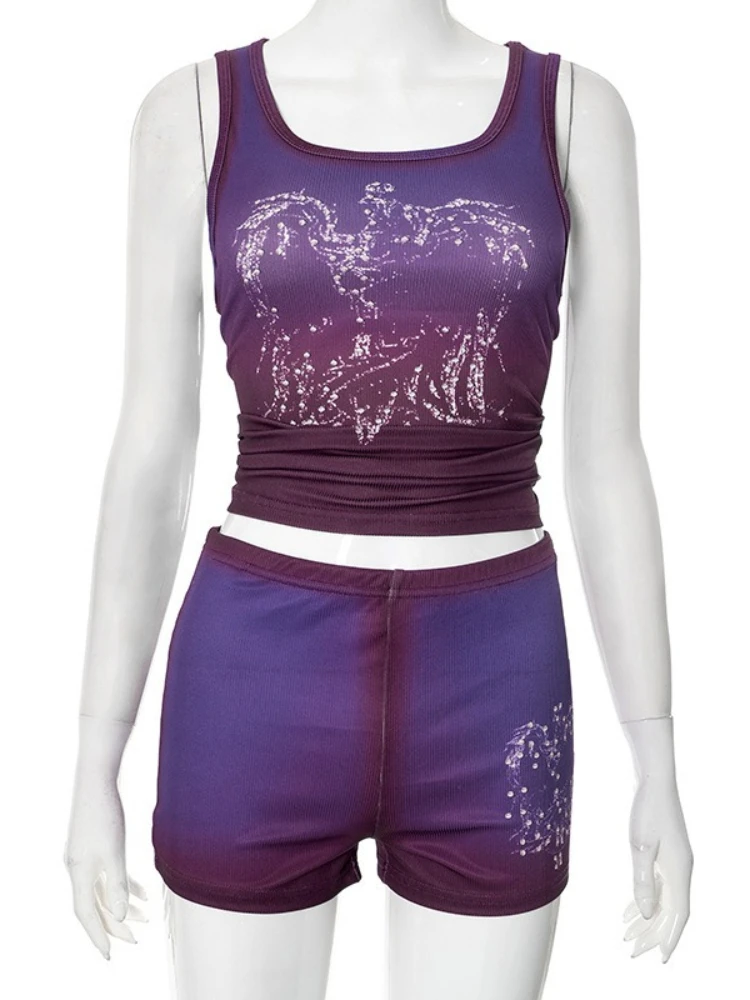 Foamlina Y2K Dye-tie Stampa Set da 2 pezzi 2026 Nuove donne di estate Moda senza maniche Lettere Crop Canotta e pantaloncini coordinati Abiti