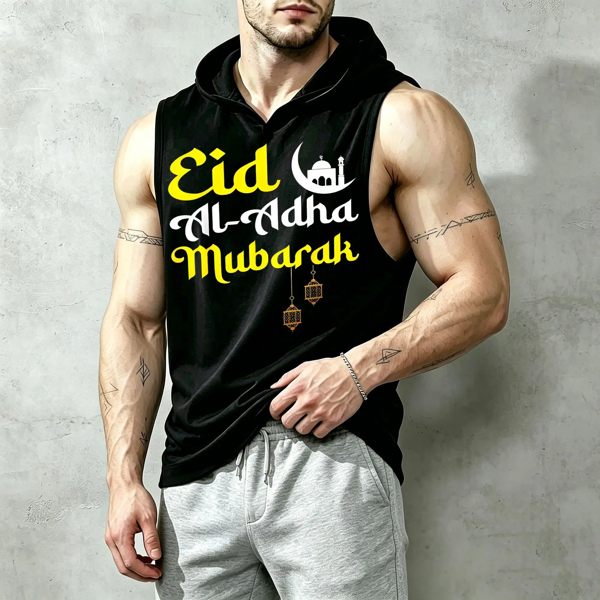 Men's Sleeveless Hoodie, Islamic Holiday Blessing, Casual and Comfortable