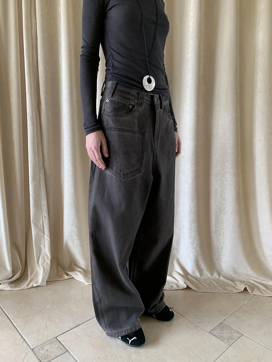 

Washed Vintage Women's Jeans Loose Wide Leg Long Pants Autumn New Style DKZ Brand Deep Color Long Trousers for Young Women