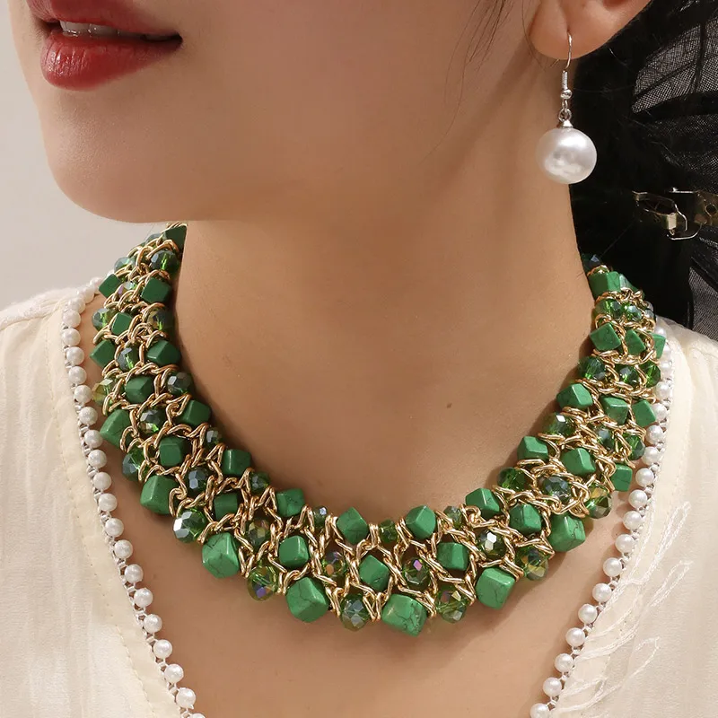 New Ethnic Handmade Glasses Stone Turquoise Stone Mixed Choker Necklace Women Jewelry Multilayer Necklaces Women Accessories