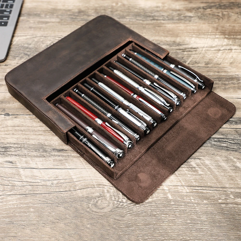 Handgemaakte Retro Crazy Horse Lederen 12 Slots Pen Case Pen Organizer Box Storage Volwassen Mannen Kantoor Luxe Briefpapier Grote Capaciteit