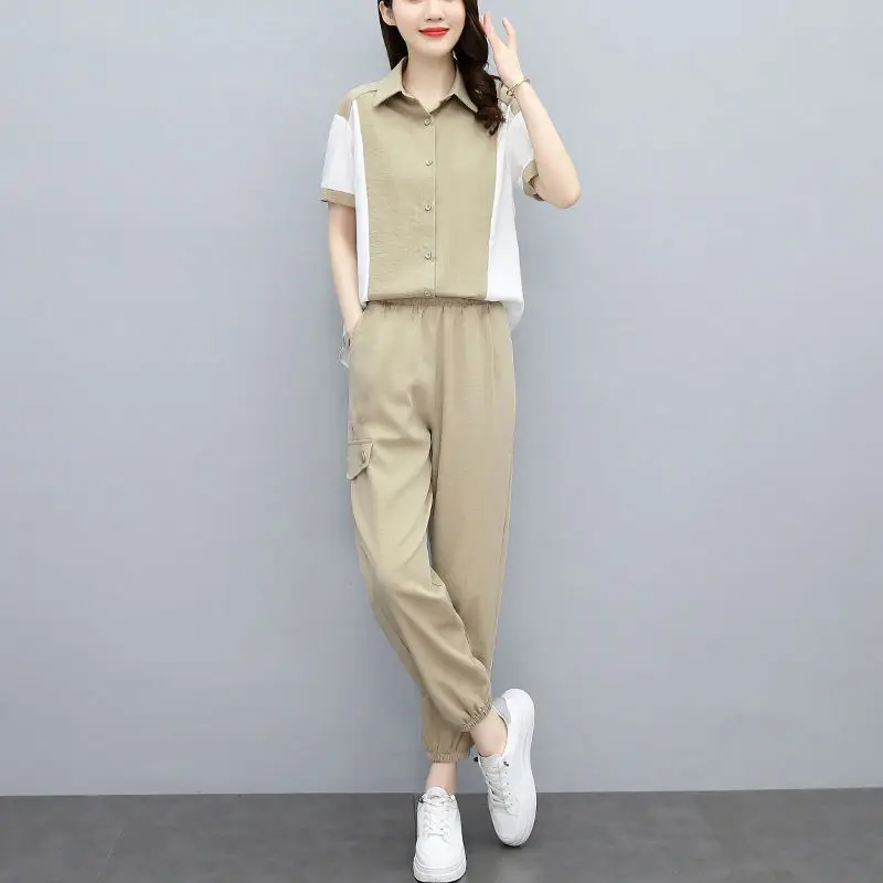 Elegant Fashion Harajuku Slim Fit Female Clothes Loose Casual All Match Button Short Sleeve Blusa Solid Trousers Two Piece Set