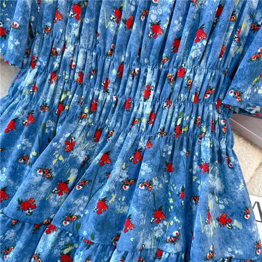 NYFS 2025 Sommer Neue Koreanische Blau blumen Frau Kleider Vestidos Robe Elbise Lose Plus Größe Kurzarm Hohe taille Langes Kleid