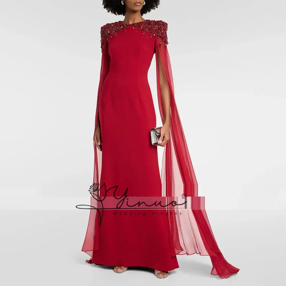 Burgundy Evening Dresses for Women 2025 Cloak Sleeves Crystals Luxury Evening Gowns Mermaid/Trumpet O Neck Formal Party Dress