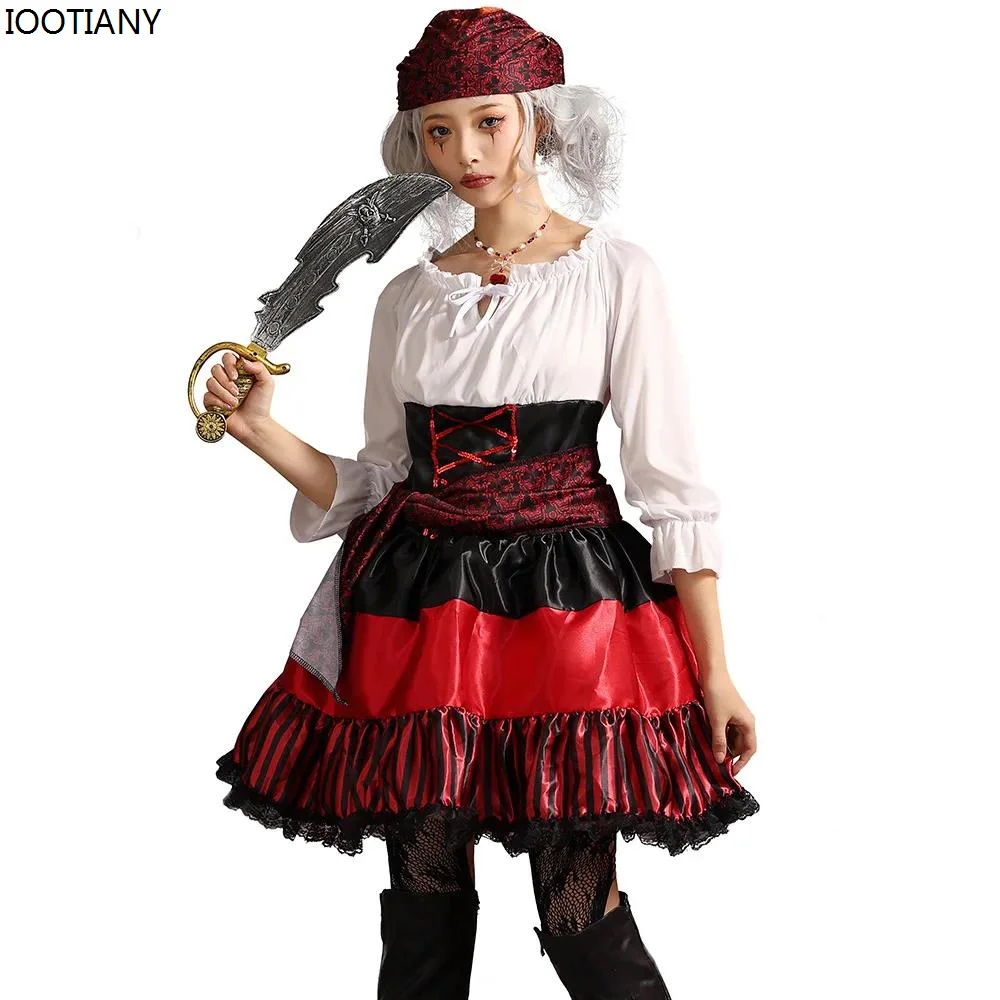 CosplayKids ผู้ใหญ่สีแดงลายลูกไม้ชุดโจรสลัดฮาโลวีนโจรสลัดคอสเพลย์เสื้อผ้า Carnival Party Navigator Stage D