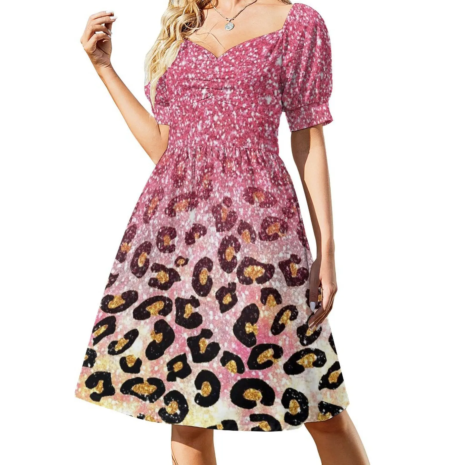 

Glam Pink Glitter Leopard Pattern Short-Sleeved Dress sensual sexy dress for women dress for girls