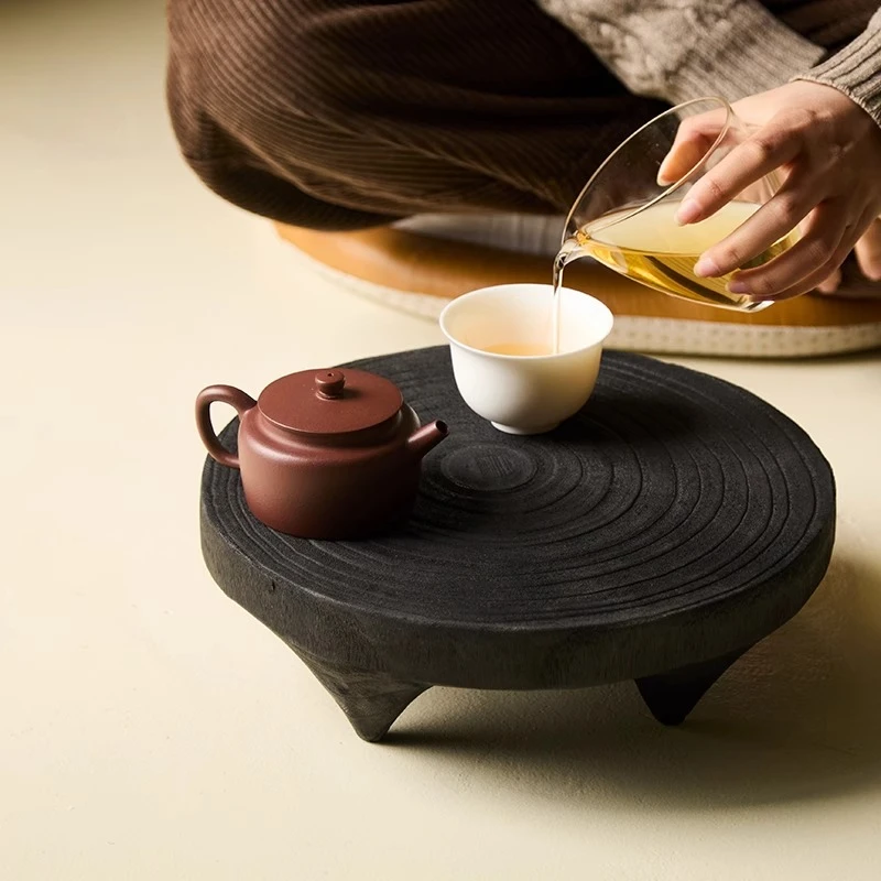 Charred Wood Tea Tray Japanese Tea Ceremony Board Handmade Coffee Table Decor for Sample Room Minimalist Round Serving Plate
