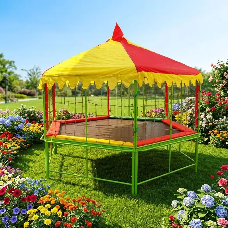 Trampoline With Canopy & Safety Net Outdoor Commercial Jumping Trampoline With Stairs