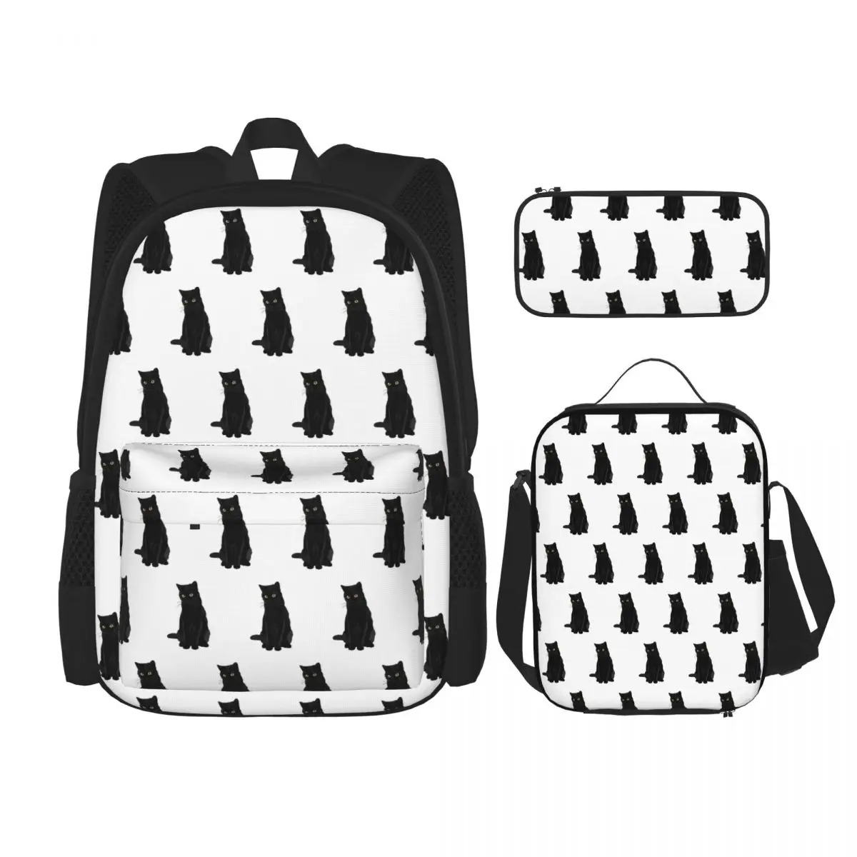 Black Cat Backpacks Boys Girls Bookbag Children School Bags Kids Rucksack Lunch Bag Pen Bag Three-Piece Set