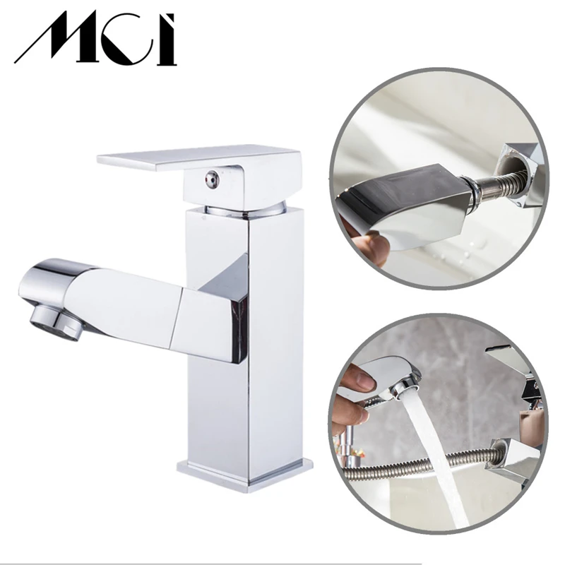 

Pull Out Bathroom Faucet Deck Mount Mixer Tap with Hot and Cold Water Single Handle Bathroom Basin Sink Faucet