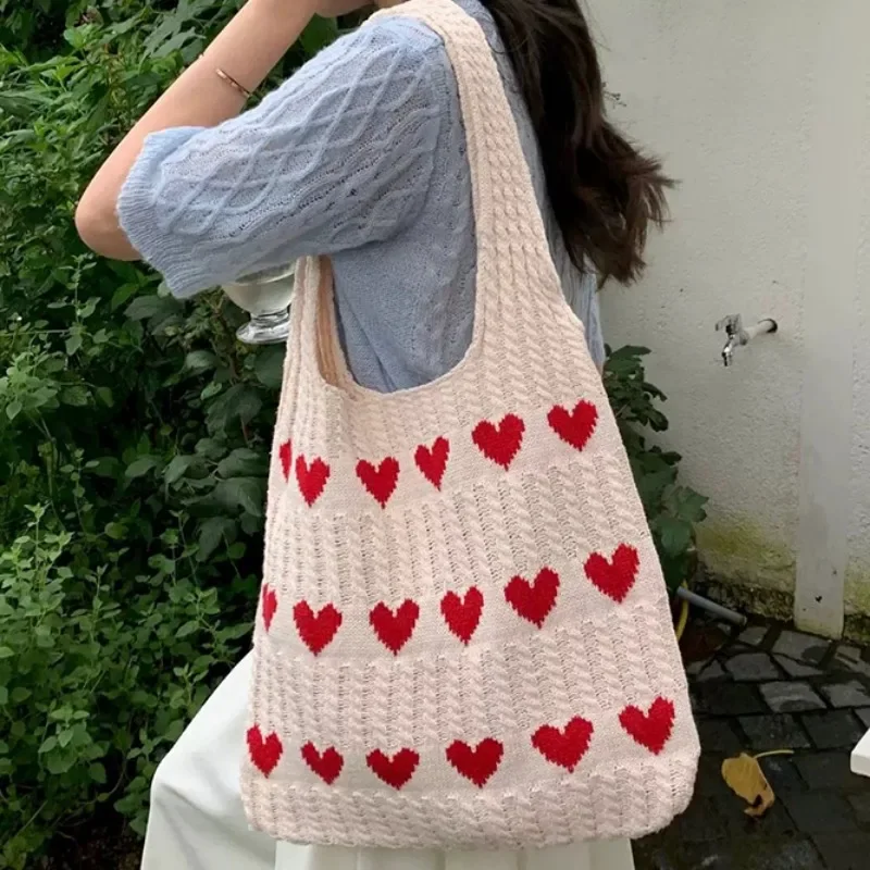 Heart Pattern Knitted Bag Women Girls Red Large Capacity Comfortable Bags Cute Casual Single Shoulder Bag Fashion Accessories