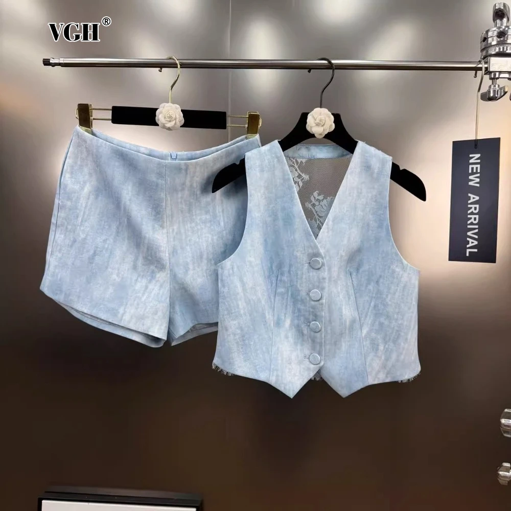

VGH Tie Dye Two Piece Set for Women V Neck Sleeveless Spliced Lace Sheer Waistcoat High Waist Shorts Suit Female Summer Fashion