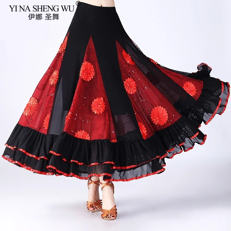 Nuevo traje de baile moderno para mujer, falda de baile de salón de vals Flamenco, faldas espanas de columpio grande en capas de competición clásica