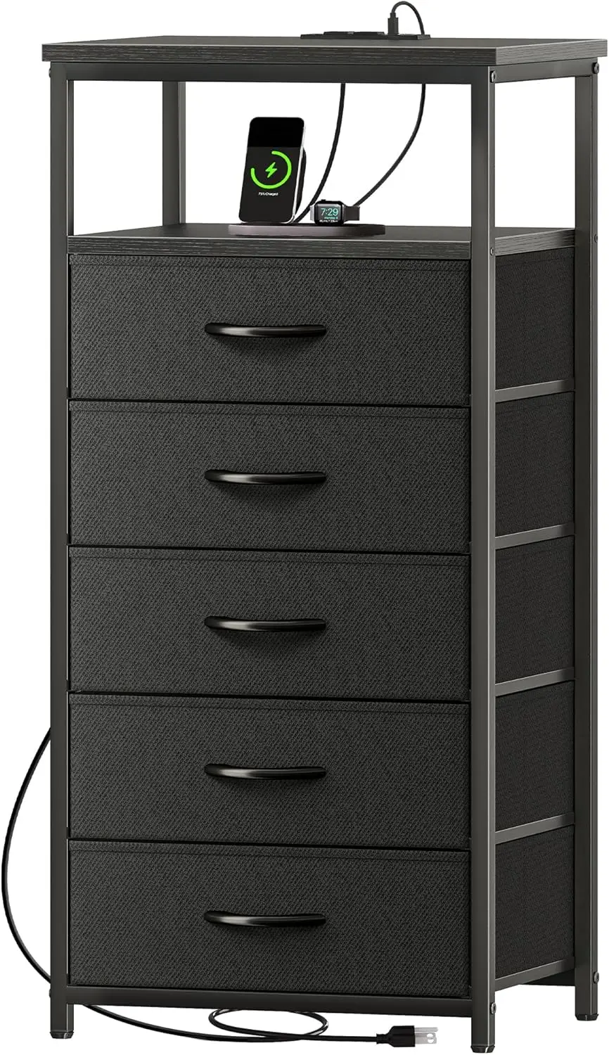 

5 Drawers Dresser With Charging Station, Dresser For Bedroom, Tall Night Stand, Chest Of Drawers With Open Shelf, Bedside Table