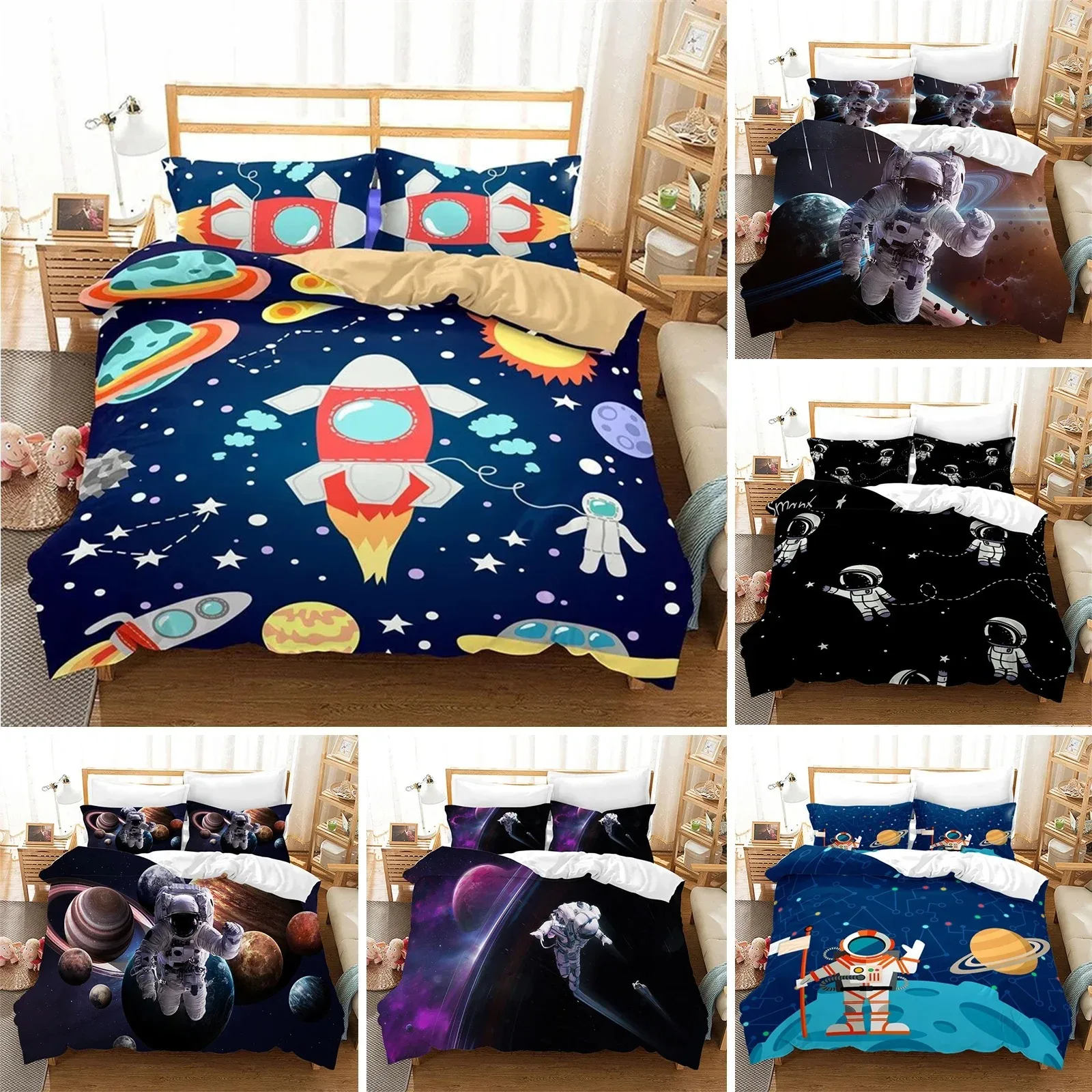 

Cartoon Astronaut Duvet Cover King For Boys Girl Galaxy Space Bedding Set Microfiber Rocket Ship Space Adventure Comforter Cover