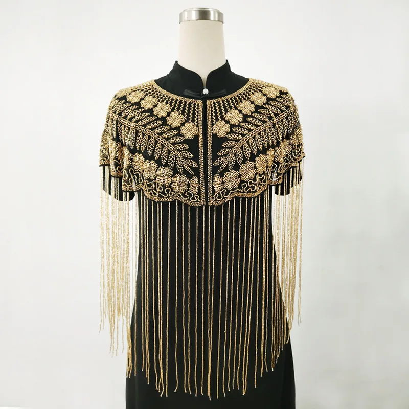 Vintage Chinese Cloud Shoulder Capelet Hand Beaded Long Tassel Shawl Luxury Sequined Fringe Shrug Bridal Wedding Cheongsam Hanfu