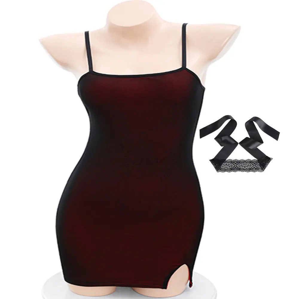 

LISM Sexy Red and Black Gradient Side Slit Spaghetti Strap Bodycon Mini Dress Slim Fit Hip Wrap Lingerie for Nightclub Romantic
