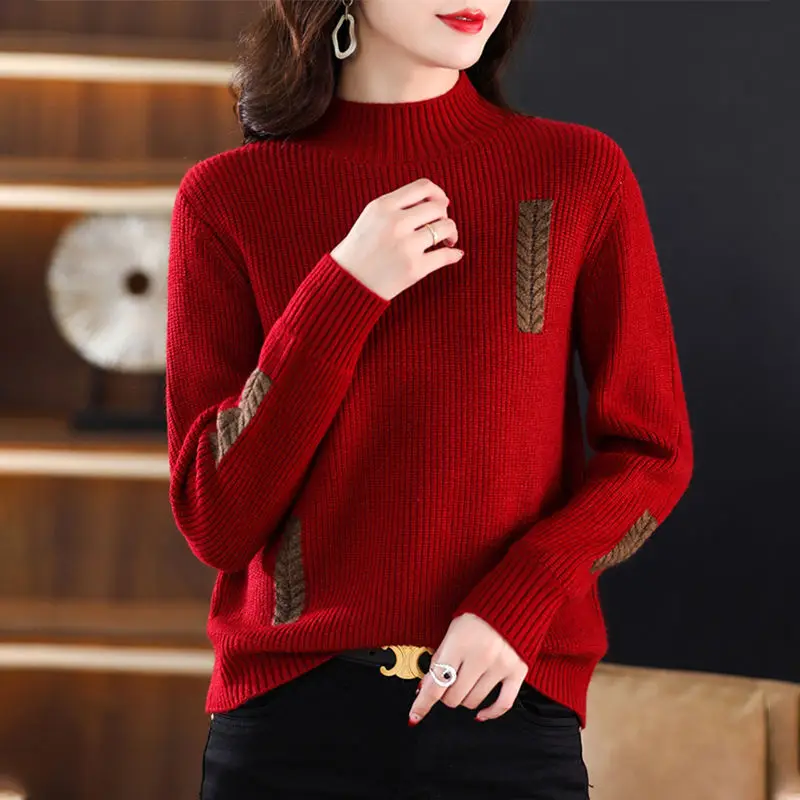 

Female Clothing Half High Collar Jumpers Casual Solid Color Autumn Winter Commute Screw Thread Vintage Spliced Knitted Sweaters