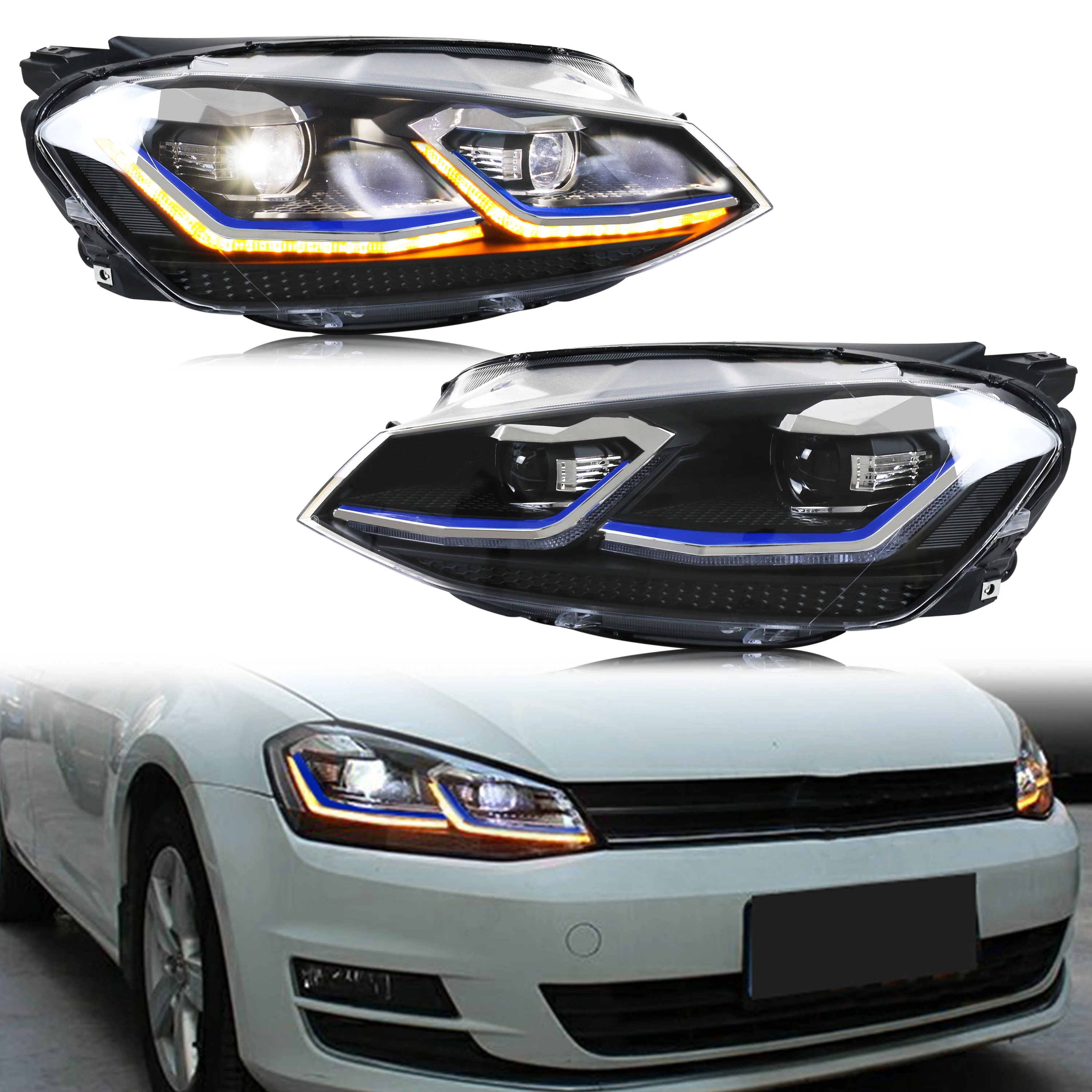 Faros LED para Volkswagen VW Golf VII Golf MK7 TSI TDI 2012-2017 Conjunto de lámparas frontales de línea azul e-mark [No apto para GTI/R/GTD]