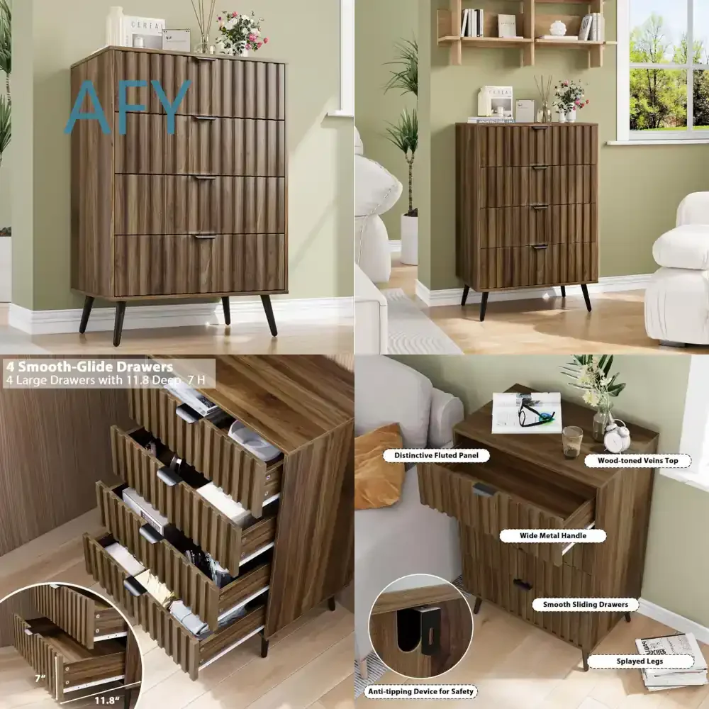 4 Drawer Bedroom Dresser with Grooved Finish Pull Handle Doors Wooden Legs for Bedroom Nightstand Makeup Vanity Storage for