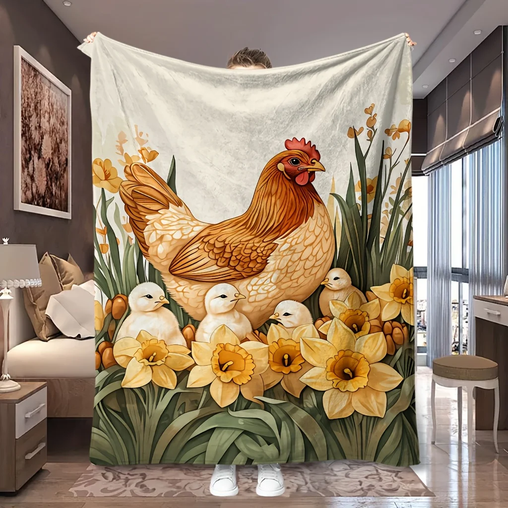 1pc Hen Chick Yellow Daisy Floral Print Flannel Blanket, Skin-friendly and Soft, Suitable for Blankets, Kid Bed Covers, Living R